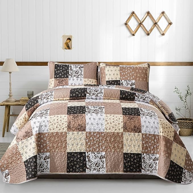 Mybedsoul Brown Quilt Set Full Size, 3 Pieces Plaid Floral Bedspread Set Patchwork Reversible Bedding Set Microfiber Lightweight Bedspread Coverlet Set for All Season 78"x90"