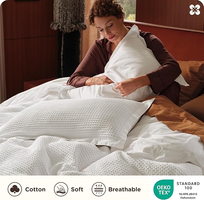 Bedsure Cotton Duvet Cover Set - 100% Cotton Waffle Weave Coconut White Duvet Cover Oversized King Size, GentleSoft™ and Breathable Bedding Set for All Season, 3 Pieces, 120"x98"