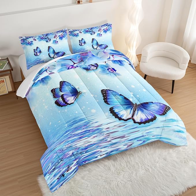Fantasy Blue Themed Aesthetic Bedding Full Comforter Set,Butterflies on Water with Falling Flowers Comforter Sets for Kids Girls Boys,Pretty Butterfly Pattern Bedding Sets with 2 Pillowcases.