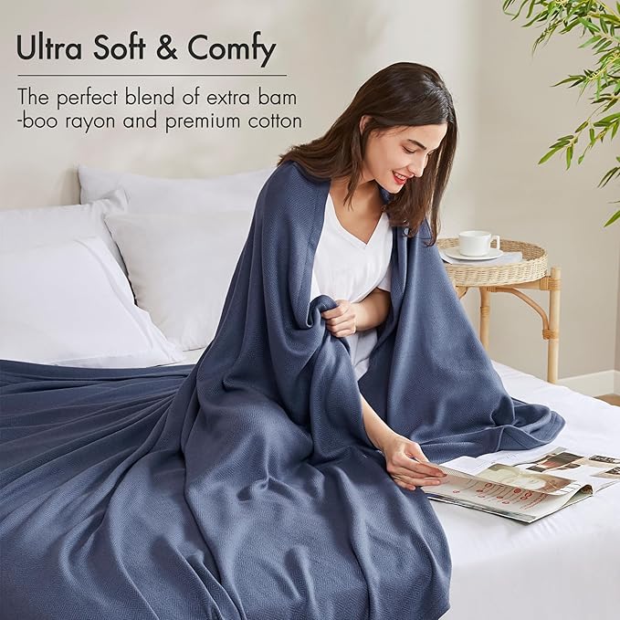 Madison Park Twin Size Blanket, 70% Rayon Bamboo-Based, 30% Cotton, Breathable for Hot Sleepers Menopause, Ultra Soft and Snag-Resistant, Summer Blanket for Bed or Couch, Twin 66"x90", Navy