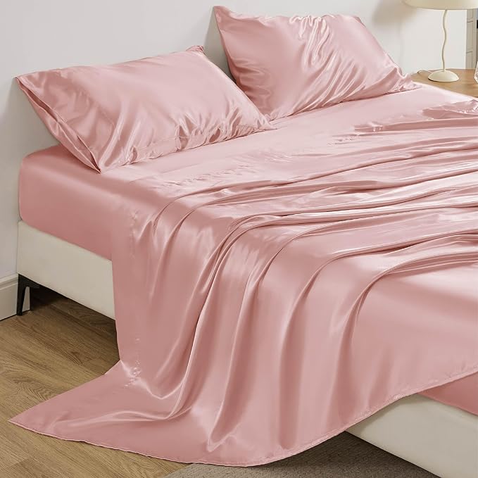 Bedsure Satin Sheets Full Size - 4 Piece Silky Bedsheets with 15 Inches Deep Pocket Fitted Bedsheet,1 Flat Sheet, 2 Satin Pillowcases, Good for Hair & Skin (Full, Blush Pink)
