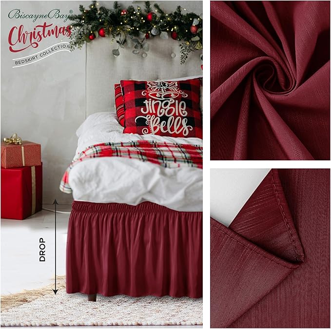 Biscaynebay Wrap Around Bed Skirts for Twin & Twin XL Beds Short Drop of 12", Burgundy Adjustable Elastic Dust Ruffles Easy Fit Wrinkle Resistant Silky Luxurious Fabric Machine Washable