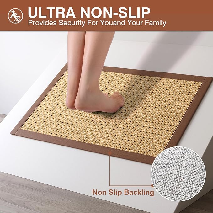 Quick Dry Absorbent Bathroom Rugs Mat Non Slip Bath Mat Ultra Thin Bath Mats Bathroom Mat Floor Rubber Backed Fit Under Door Woven Washable Bath Rugs Brown 16x24