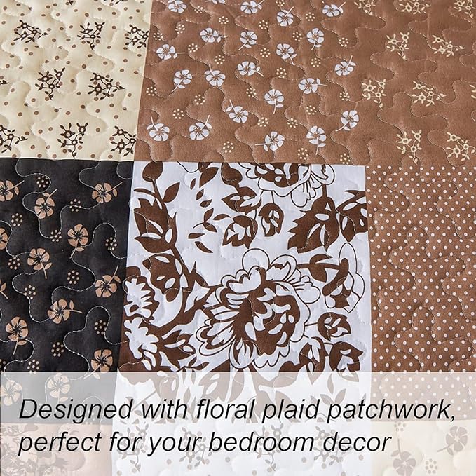Mybedsoul Brown Quilt Set Full Size, 3 Pieces Plaid Floral Bedspread Set Patchwork Reversible Bedding Set Microfiber Lightweight Bedspread Coverlet Set for All Season 78"x90"