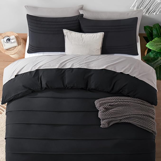 Oli Anderson Black Duvet Cover Queen Size - Pleated Queen Duvet Cover, 3PCS Soft and Breathable Textured Bedding Set with Zipper Closure(Black,90"x90")
