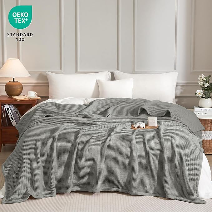 PHF 100% Cotton Waffle & Muslin Blanket Twin Size, Soft Breathable Luxury 400GSM Versatile Reversible Bedding for Bed, Great for Layering in Cold Weather, Home Decor Gift, 66" x 90", Frosted Grey