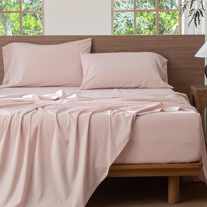 MooMee Bedding Sheet Set 100% Washed Cotton Linen Like Textured Breathable Durable Soft Comfy (Heathered Greyish Pink, California King)