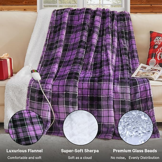 Purple Heated Weighted Blanket for Adults Queen Size 15Lbs 60"x80", 2-in-1 Electric Heating Pad Lap Heavy Blanket for 140-160lbs for Bed, 10 Level 8H Auto Off, Cozy Birthday Gifts for Women Mom Senior