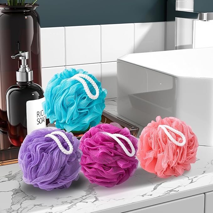 Loofah for Women 75g 4 Pack, Bath Sponge Soft Mesh Shower Puff Loofah Sponge, Exfoliating Body Scrubber, lufas for Women, Shower Accessories (Purple Red Pink Blue)