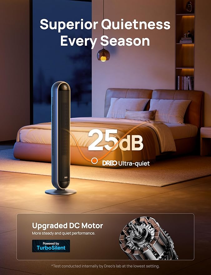 Dreo Tower Fan and Heater Combo, 29.2ft/s Standing Fans for Bedroom, 17 Levels, 6 Modes, 120° Oscillation, 42 Inch, 12H Timer, 25dB Quiet, with Remote, for Office, Large Room, Silver