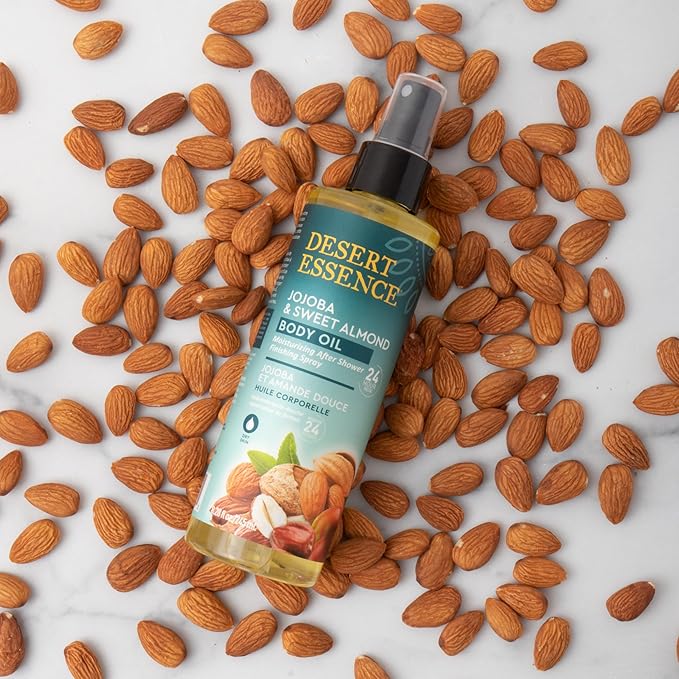 Desert Essence, Jojoba & Sweet Almond Body Oil Spray, 8.28 fl. oz. - Gluten-Free, Vegan, Cruelty Free - 24hour Moisture, Soothes Skin, Perfect for Sensitive Skin, Illuminating Body Spray