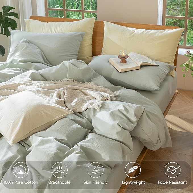 MooMee Bedding Duvet Cover Set 100% Washed Cotton Linen Like Textured Breathable Durable Soft Comfy (Heathered Sage Green, Oversized King Plus 128"x120")