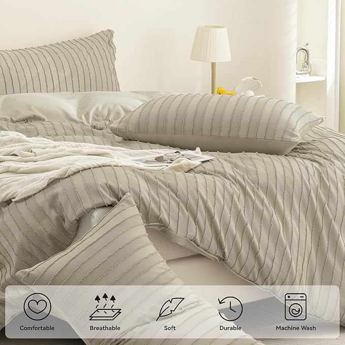 JELLYMONI Duvet Cover Twin Size Khaki - 3PCS Boho Striped Duvet Cover Set Polyester Tufted Bohemian Textured Comforter Cover 68×90in with Corner Ties & Zipper and 2 Pillowcases