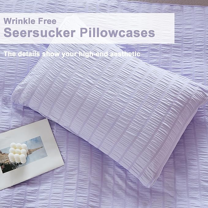 AveLom Lavender Purple Seersucker Duvet Cover Set King (104 x 90 inches), 3 Pieces (1 Duvet Cover + 2 Pillow Cases), Ultra Soft Washed Microfiber, Textured Duvet Cover with Zipper Closure, Corner Ties