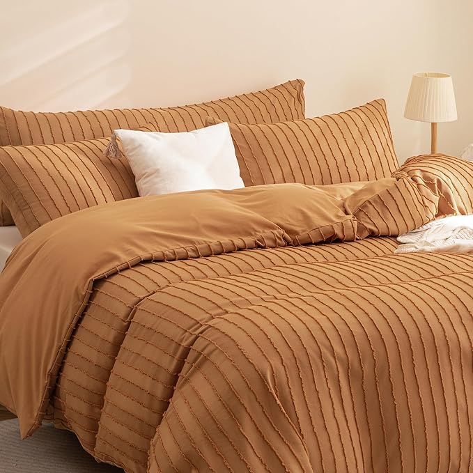 JELLYMONI Duvet Cover King Size Rust - 3PCS Boho Striped Duvet Cover Set Polyester Tufted Bohemian Textured Comforter Cover 104×90in with Corner Ties & Zipper and 2 Pillowcases