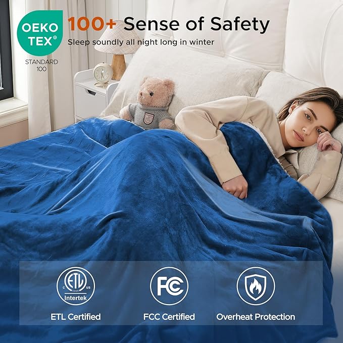 Electric Heated Blanket Throw 50"x60" - Soft Cozy Flannel & Sherpa Fabric Dual-Sided, 9 Heat Settings & 2-10 Hours Auto Off, Warming Heated Throw for Home Office, Machine Washable, Blue