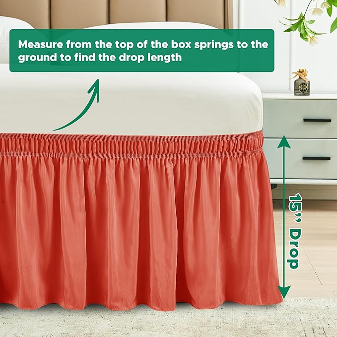 Biscaynebay Wrap Around Bed Skirts with Adjustable Belts for Twin & Twin XL Beds 15" Drop, Coral Elastic Dust Ruffles with Adjustable Belts Silky Luxrious Fabric Machine Washable