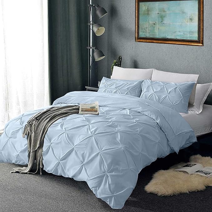 Pinch Pleated Duvet Cover Set 100% Cotton 3PC King Size 94x104 Duvet Cover Set, Decorative Pinch Design Sky Blue Duvet Cover with Matching Pillow Case