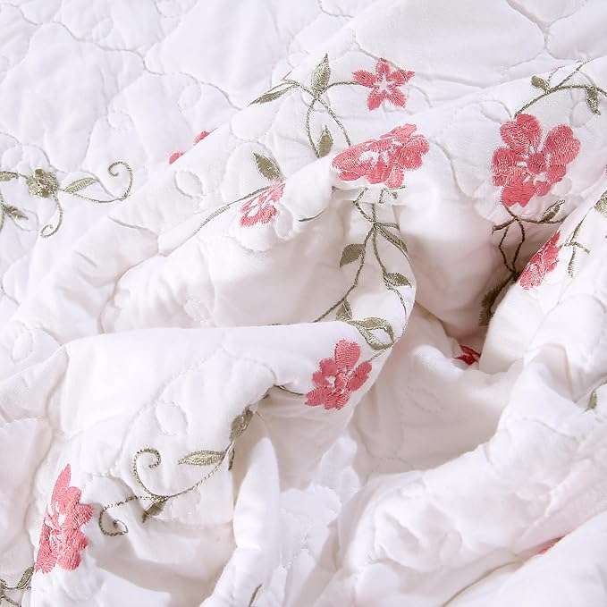Quilt Set Circular Floral 3D Embroidery Pattern 3 PCS 100% Cotton Reversible Quilted Embroidered Decorative Bedspreads Coverlet Set, Lightweight &Soft King Size White Bedding Coverlet for All Season
