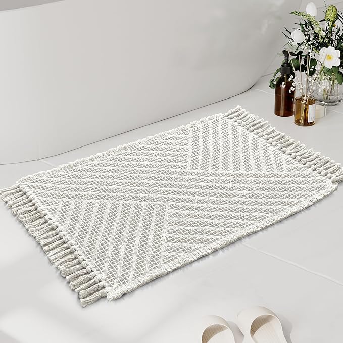H.VERSAILTEX Waffle Bath Mat Super Absorbent Boho Bath Mat Non Slip Bath Rugs for Bathroom Floor Machine Washable Dry Fast Bathroom Rugs with Tassels, 24" x 36", Ivory White
