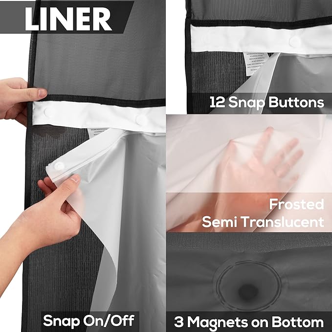 Long No Hook Slub Textured Shower Curtain with Snap-in PEVA Liner Set - 71" x 80"(78"), Hotel Style with See Through Top Window, Black Fabric Curtain & Waterproof Liner, Black, 71x80