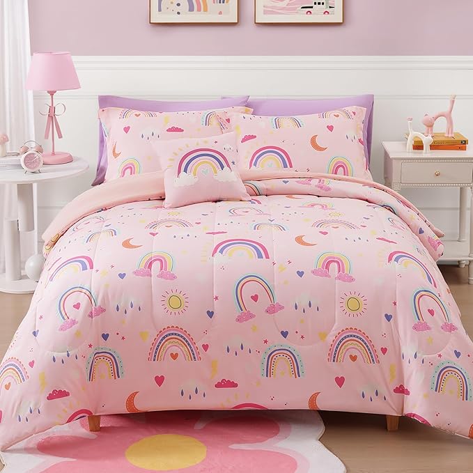 Full Size Comforter Set for Girls-4 Pieces Pink Rainbow Glow in The Dark Full Bedding Sets for Kids, 1 Comforter, 2 Shams and 1 Decor Pillow
