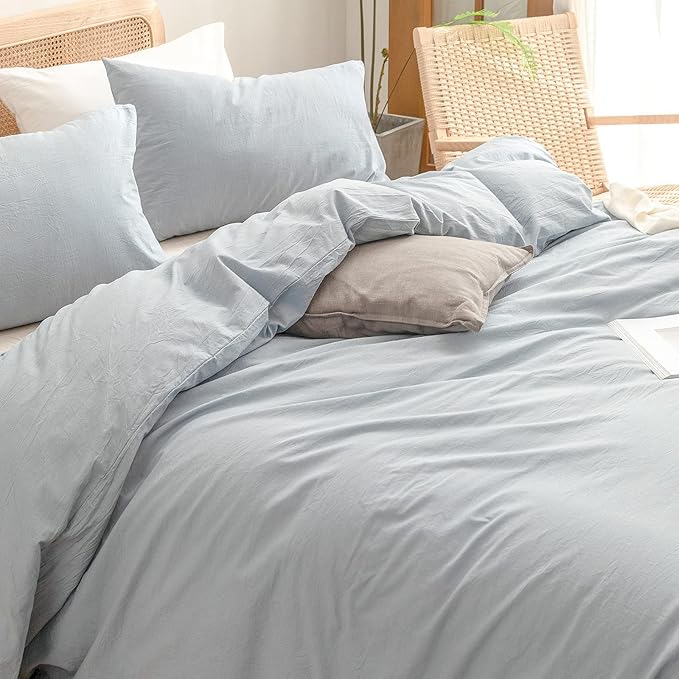 BESTOUCH Duvet Cover Set 100% Washed Cotton Linen Feel Super Soft Comfortable Chic Lightweight 3 PCs Home Bedding Set Solid Cornflower Blue Cal King