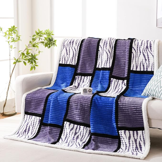 PU MEI Sherpa Blanket Fleece Throw Blanket Queen Plaid Thick Bed Blanket, Soft Warm Cozy Throw Blanket, 80”*90” Zabra-Blue Grey