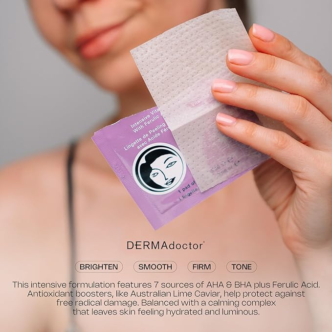 DERMAdoctor Exfoliating Toner Pads - Illuminating Chemical Peel for Face - Vitamin C Glycolic, Lactic Acid - AHA & BHA Liquid Exfoliant Pore Pads for Wrinkles Uneven Skin Tone Enlarged Pores -30 Pack