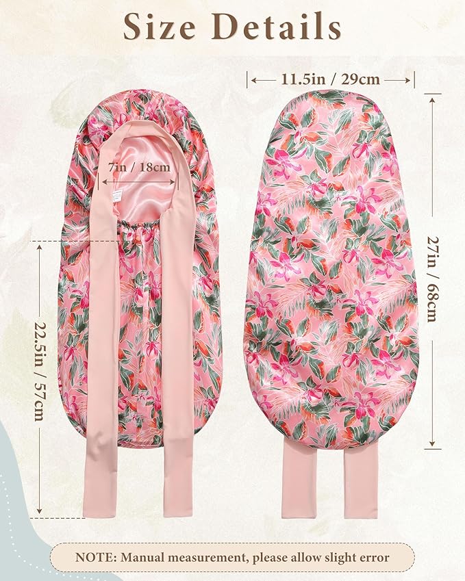 AWAYTR Long Satin Bonnet for Sleeping, Reversible Double Layer Hair Bonnet with Elastic Tie Band (Floral Print+Peach Pink)