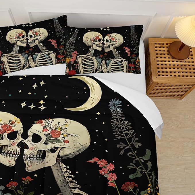 Black Gothic Skull Flower Queen Comforter Set，Quilt Queen Size Bedding Set Gothic，with 1 Comforter with 2 Pillow Case，Skull Room Decor for Bedroom