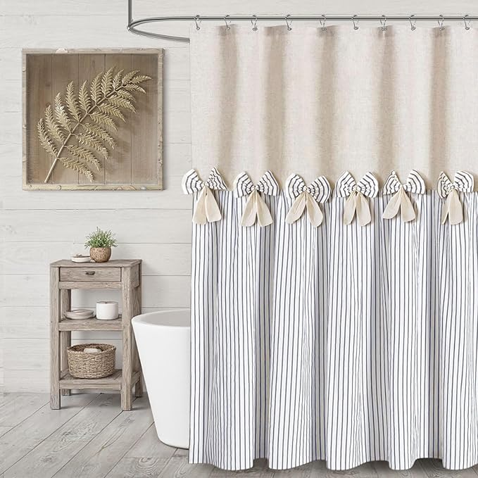 Farmhouse Shower Curtain Linen Bow Woven Fabric Country Rustic Western, Pleated Grey Stripe 72" W x 84" L