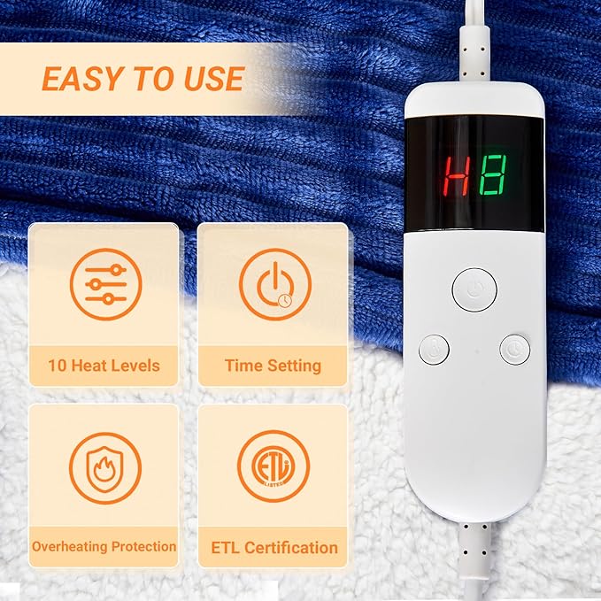 Heated Blanket Electric King, Soft Flannel Heating Blanket with 8 Hours Auto Off 10 Fast Heating Levels Machine Washable Sherpa Heated Blanket with Overheating Protection