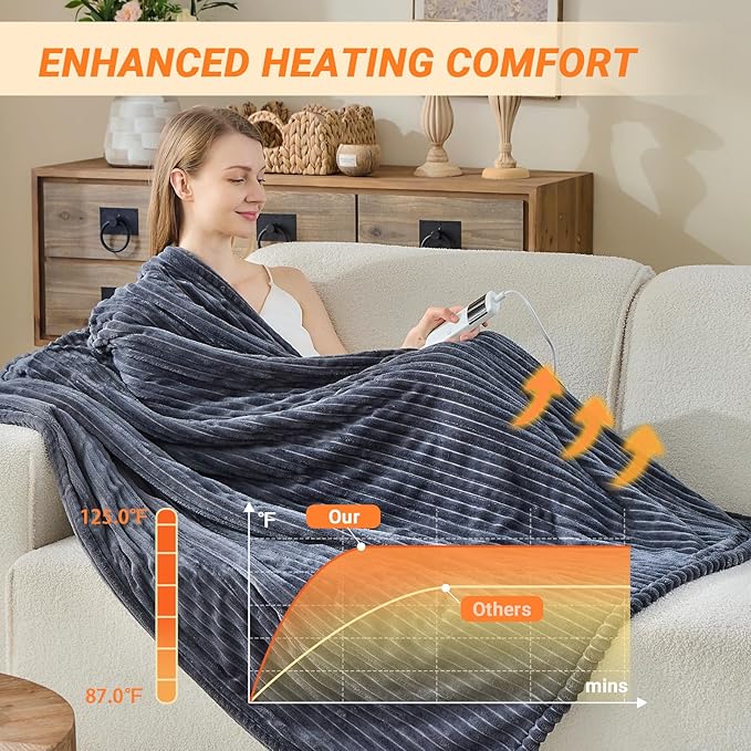 Heated Blanket Electric Full, Soft Flannel Heating Blanket with 8 Hours Auto Off 10 Fast Heating Levels Machine Washable Sherpa Heated Blanket with Overheating Protection