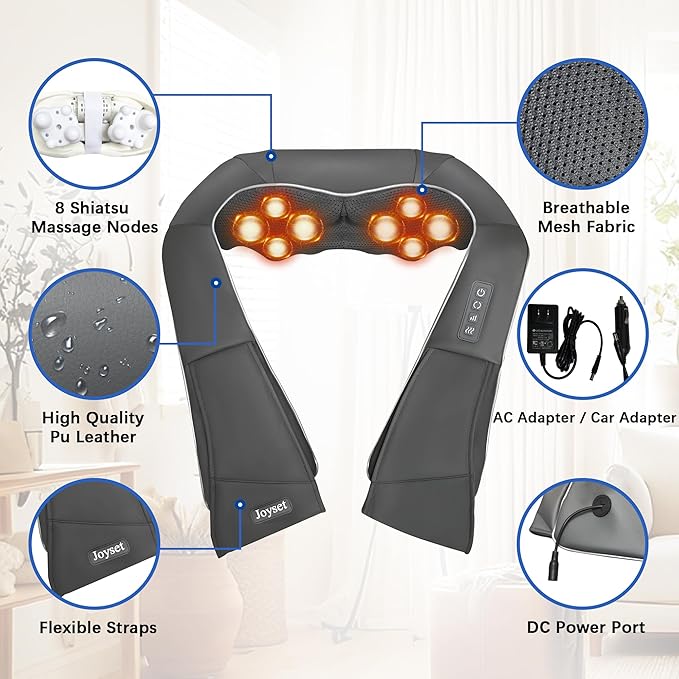 Joyset Shiatsu Neck and Back Massager with Heat,Electric Shoulder Massager for Pain Relief Deep Tissue,3D Kneading Massage with Cloth Cover Easy to Clean Best Gift for Men Women Parents (Gray)