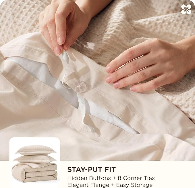Bedsure Cotton Duvet Cover Set - 100% Cotton Waffle Weave Beige Duvet Cover Oversized Queen Size, GentleSoft™ and Breathable Bedding Set for All Season, 3 Pieces, 98"x98"