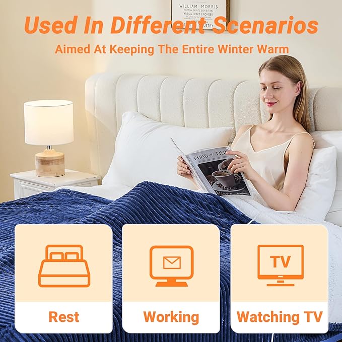 Heated Blanket Electric King, Soft Flannel Heating Blanket with 8 Hours Auto Off 10 Fast Heating Levels Machine Washable Sherpa Heated Blanket with Overheating Protection