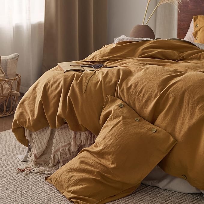Bedsure Linen Duvet Cover King Size - Linen Cotton Blend Bedding Set, Soft & Cozy, 3 Pieces, 1 Duvet Cover 104x90 and 2 Pillowcases, Pumpkin Yellow Color Cooling Bedding, Comforter Sold Separately