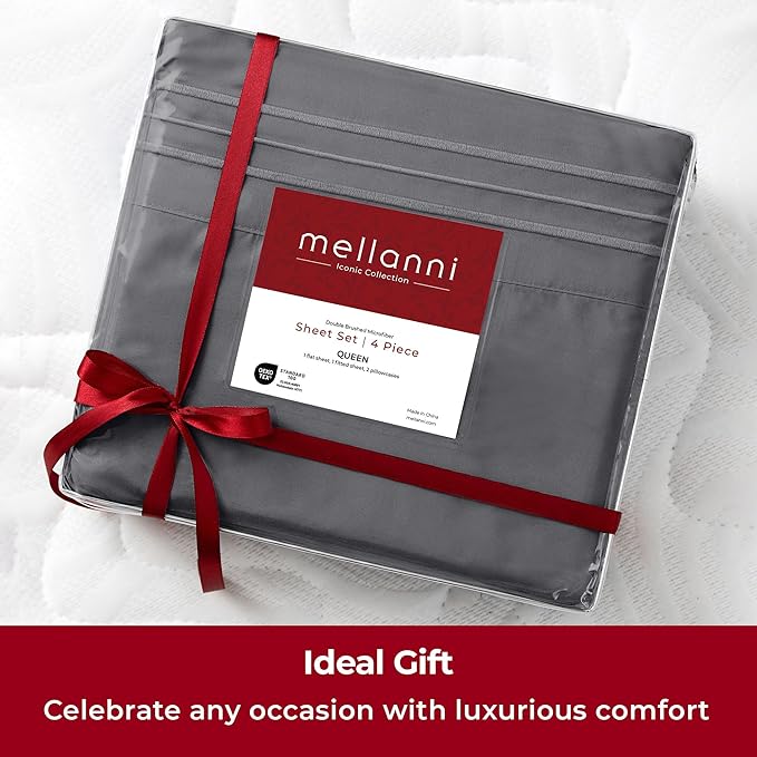Mellanni Extra Deep Split King Sheets - 5 PC Iconic Collection Bedding - Hotel Luxury, Ultra Soft, Cooling Bed Sheets - Wrinkle, Fade, Stain Resistant (Split King, Gray)