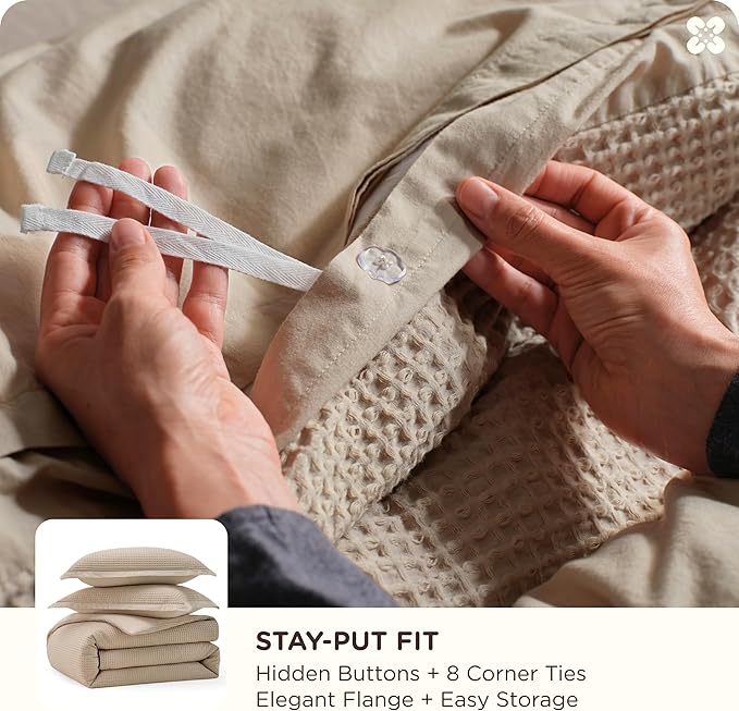 Bedsure Cotton Duvet Cover King - 100% Cotton Waffle Weave Khaki Duvet Cover King Size, GentleSoft™ and Breathable Tan Bedding Set for All Season, 3 Pieces, 104"x90"