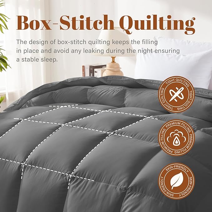 Cosybay Full Size Feather Down Fiber Comforter - Fluffy Grey All Season Duvet Insert, Ultra Soft 100% Cotton Cover, Luxury Hotel Bedding with Corner Tabs, 82"x86"