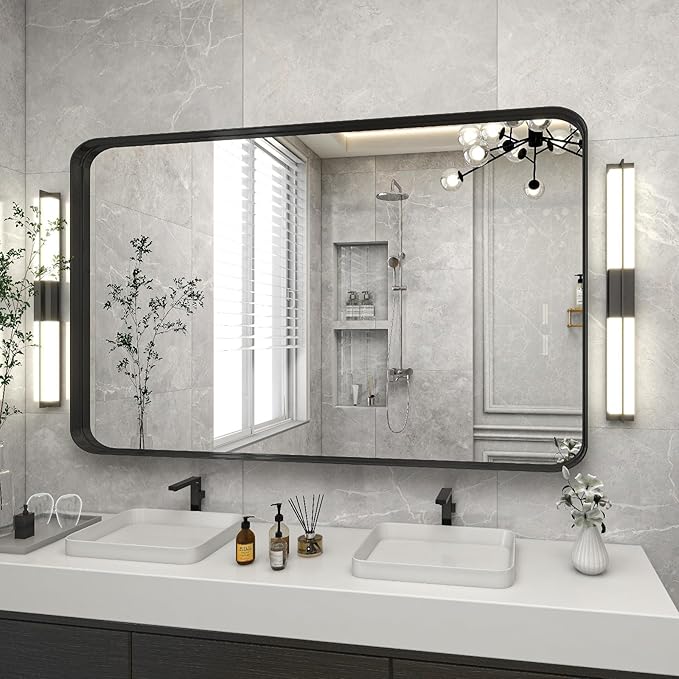 VooBang Bathroom Mirror 30x48 inch, Black Gorgeous Deep Frame Wall Mirror, Modern Round Corner Bathroom Vanity Mirror for Bedroom, Living Room, Hanging or Leaning Horizontal or Vertical, Black