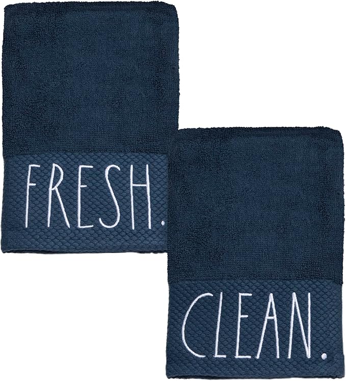 Rae Dunn Hand Towels, Embroidered Decorative Hand Towel for Kitchen and Bathroom, 100% Cotton, Navy- Fresh, Clean, 16"x 28"