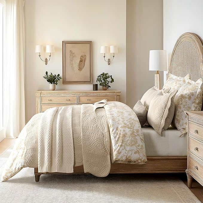 EVERGRACE 100% Cotton Scallop Quilt Set, Queen Size 3 Piece Set – Lightweight Bedspread with 2 Shams, Soft Prewashed Matelasse Coverlet for Cozy and Elegant Bedding, Flax Beige