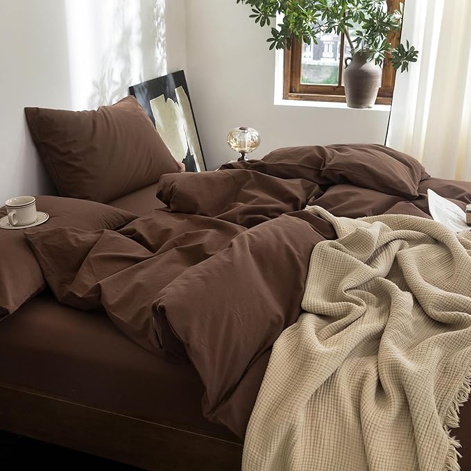 FOSSA Duvet Cover Set 100% Washed Cotton Linen Feel Super Soft Breathable Cozy 3 Pieces Bedding Sets Solid Cocoa Brown Super King
