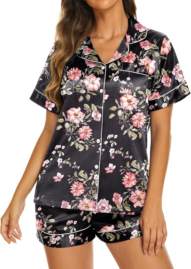 Ekouaer Pajamas for Women Set Silk Satin Pjs Shorts Sleepwear 2 Piece Loungewear S-XXL