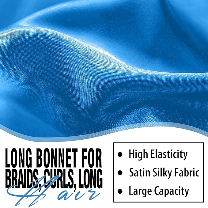 2Pcs Bonnets for Black Women Braid Bonnet, Large Long Satin Bonnet for Braids, Silk Bonnet with Stretchy Tie Band Sleep Cap Hair (2Pcs-Black&Blue)