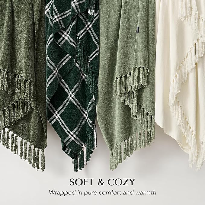EVERGRACE Soft Chenille Throw Blanket for Couch, Cozy Plush Fuzzy Decorative Chenille Knit Throw Blanket with Tassels, Lightweight Blanket and Throws for Bed Sofa Gift Home Decor, Olive Green 50"x60"