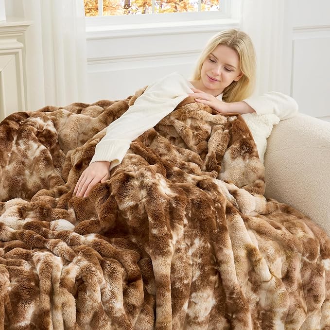 Cozy Bliss Faux Fur Throw Blanket for Couch, Fuzzy Soft Plush Thick Striped Blanket for Sofa Bedroom Living Room, 60 * 80 Inches Tie-dye Brown