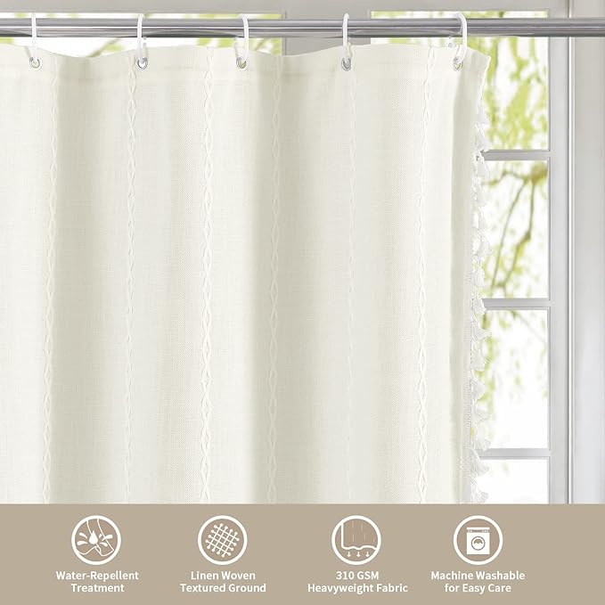MitoVilla White Boho Extra Long Shower Curtain 72 x 84, Modern Farmhouse 84 inch XL Rustic Polyester Linen Tassel Heavy Duty Shower Curtain Set with Hooks for Cottagecore Country Bathroom Decor Ivory